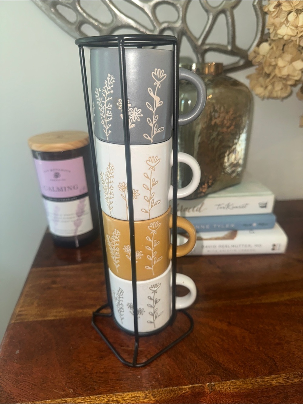 Stackable Floral Mug Set in Gray, White & Mustard